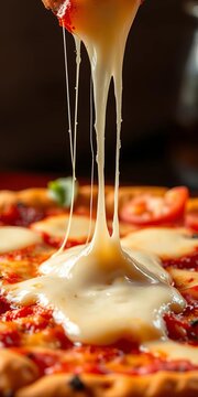 Melted mozzarella cheese drizzles down crispy crust, cartoon, stringy.