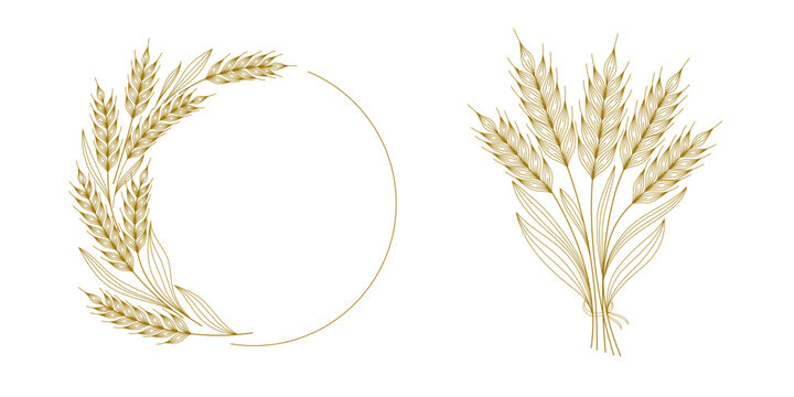Hand-drawn wheat ears in line art style, wheat wreath, and branch elements