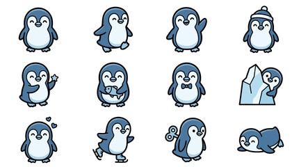 Fototapeta premium Blue penguin characters with vintage wind-up keys.