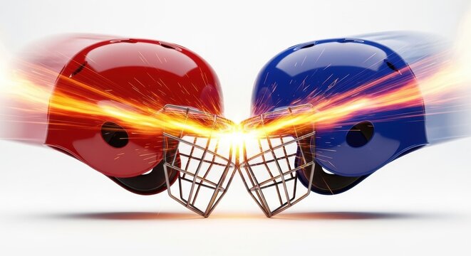 Red and blue American football helmets facing each other with sparks flying  sports equipment
