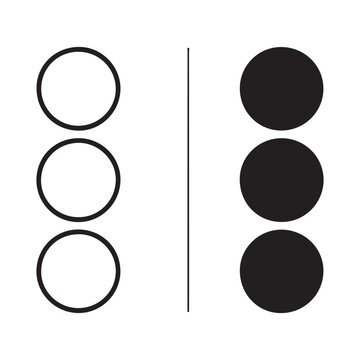 Set of three outline and three solid circles with vertical line divider on isolated transparent background.