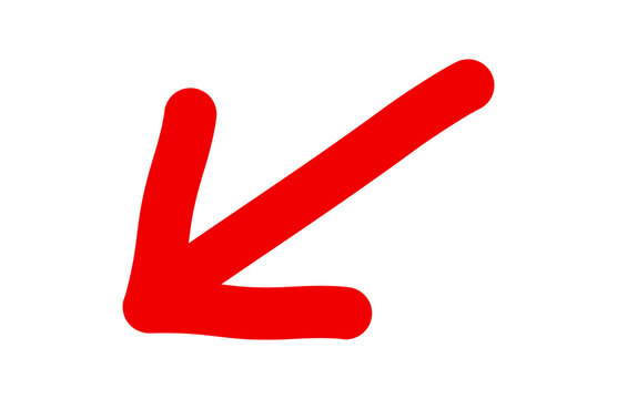 Red hand drawn arrow pointing down left. Marker doodle direction pointer isolated on transparent background, PNG
