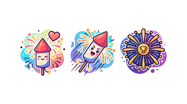 Cute firework rocket icons showing celebration with hearts motion and trophy award bursts.