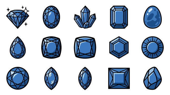 Blue sapphire gemstone shapes and various cuts collection.