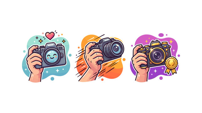 Three hands holding cameras with different styles and expressions on white background.