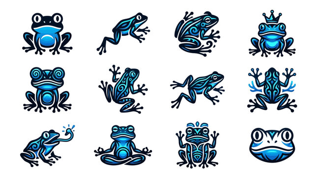 Blue stylized frog vector icons and logos.