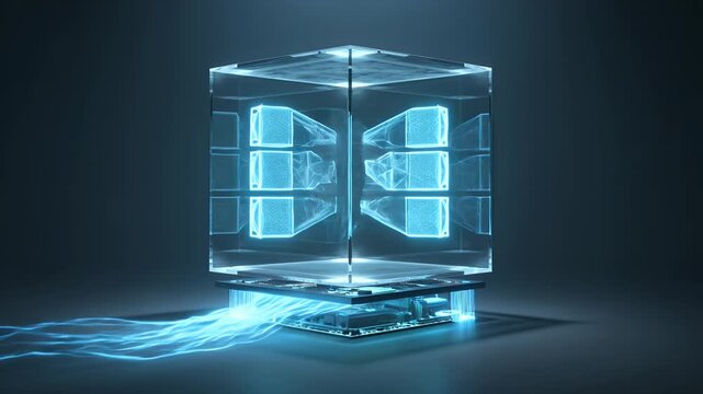 Transparent glass memory cube with glowing blue holographic data modules on a server processor base with flowing energy streams against a dark background for futuristic storage tech.