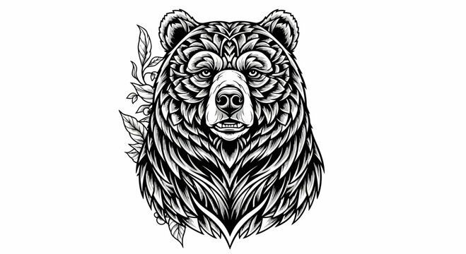 Intricate Black and White Bear Head Illustration with Ornate Details.