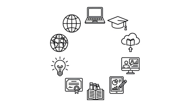 Digital global education and academic network line icons.