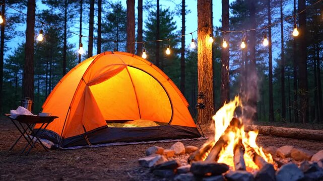 Illuminated orange camping tent set up in a dense forest at night, decorated with warm glowing string lights on surrounding trees, creating a cozy and atmospheric campsite scene.