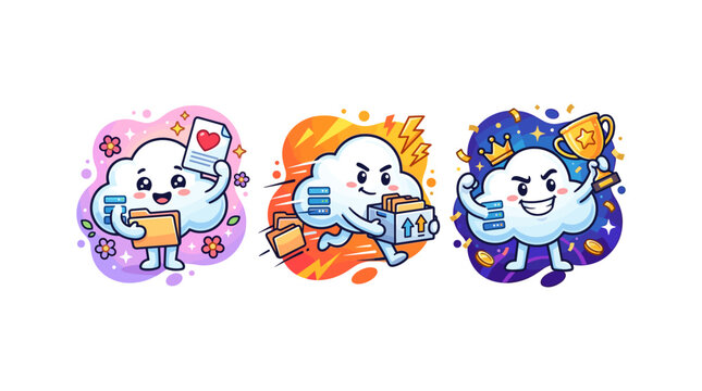 Three cute cloud characters holding folders and winning trophy for cloud computing services.