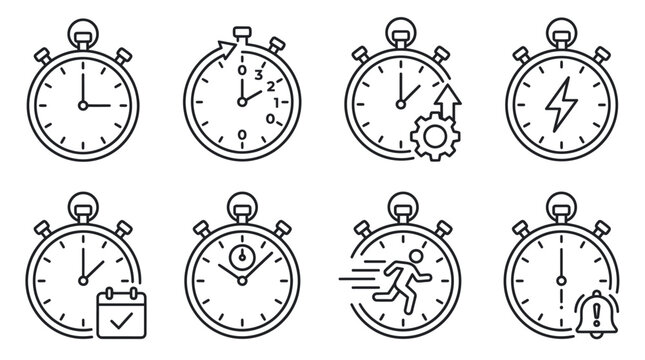 Eight diverse stopwatch icons for tracking time and speed.