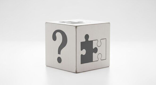 White puzzle box with question mark and puzzle piece