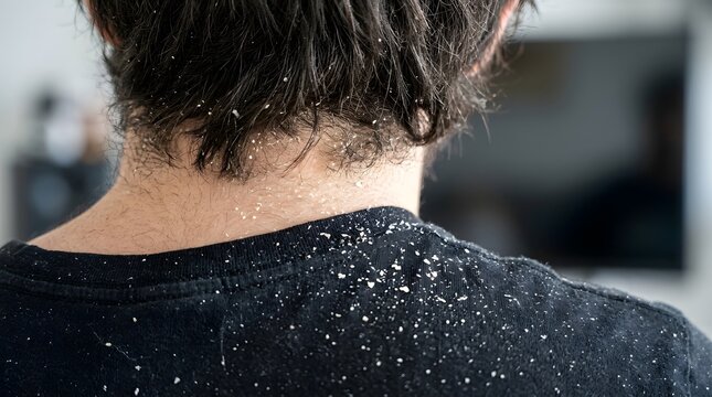Detailed view of white dandruff flakes on a person's neck and black shirt