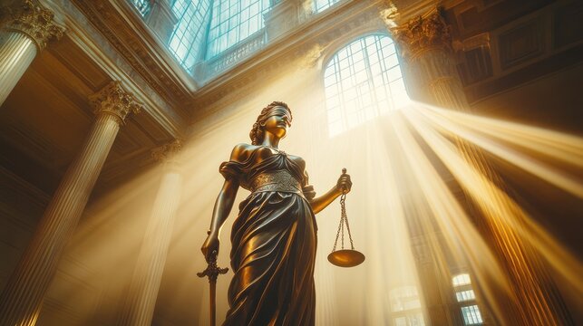 Lady Justice sculpture holding scales in grand courtroom hall with radiant sunlight symbolizing law balance fairness rights judgement legal system democracy authority ethical public institution scene