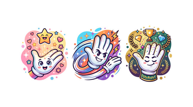 Magic white glove cartoon character stickers showing friendly waving power and achievement.