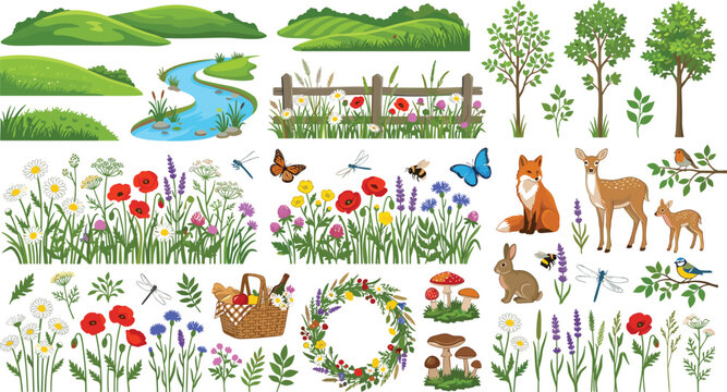 Spring landscape element creator kit with woodland animals wildflowers trees and hills for children book illustration or digital scrapbooking bundle