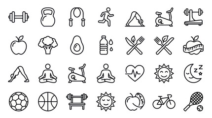 Fototapeta premium Gym equipment and healthy living line icon set.