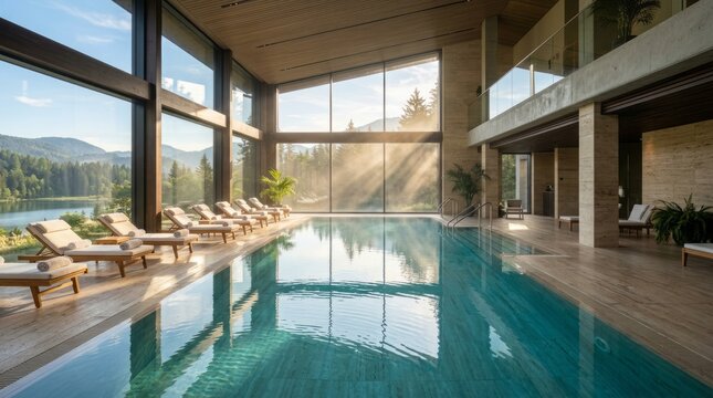 Exclusive luxury indoor pool with panoramic mountain view elegant loungers glass walls calm water and warm sunlight creating premium spa resort atmosphere for wellness travel relaxation modern house