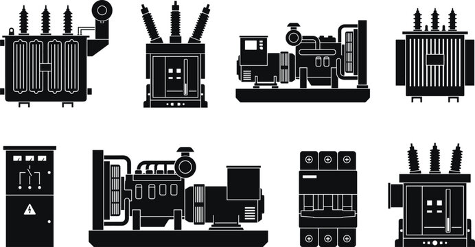 Set of industrial electrical equipment icons including power transformers, diesel generators, and distribution switchgear components