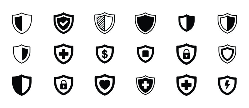 Shield check mark icon set, vector illustration featuring security shield with tick symbol, protection lock, privacy and secure system sign, verification and safety concept design elements.