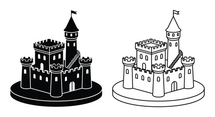 Medieval Castle Silhouettes On Circular Bases Black And White Silhouette © Santa