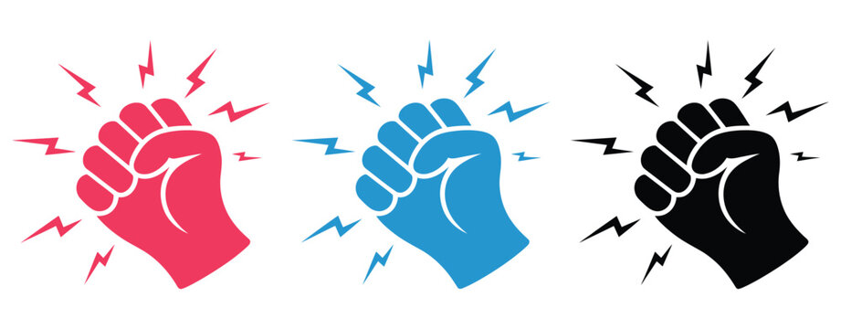 Fist hitting outline, knocking fist icon set in red, blue, and black variations, human hand performing a knocking gesture with impact lines for notification and interaction. Vector 