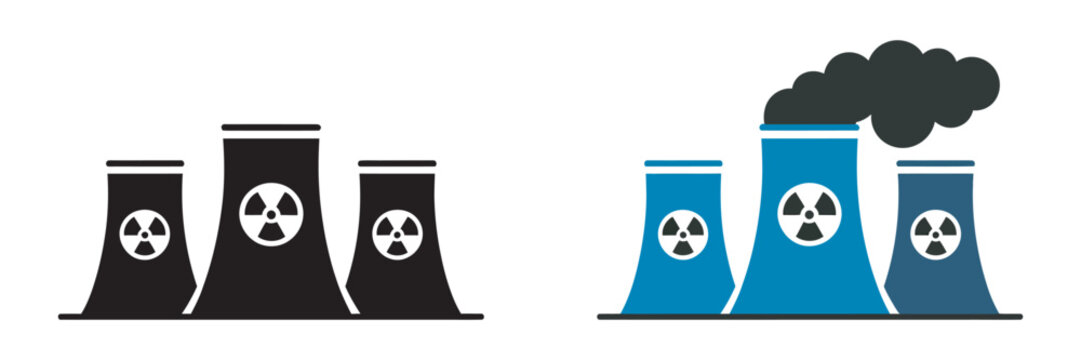 nuclear power plant icon collection featuring reactor towers, atomic energy, radiation warning signs and electricity generation symbols for industry design