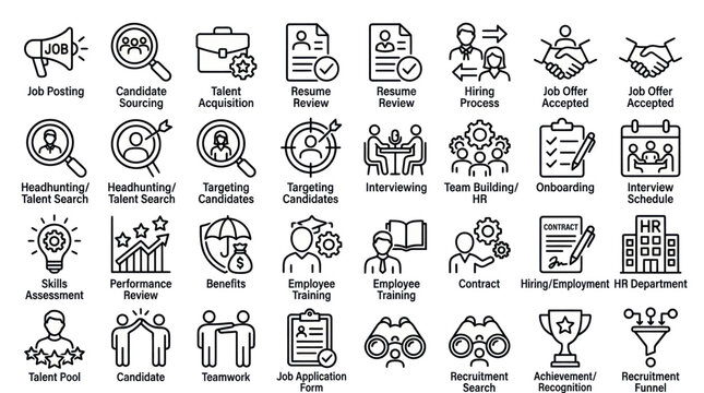 Human resources and hiring process line icons set.
