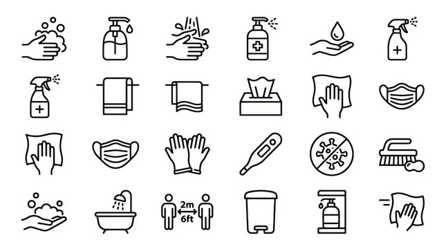 Hygiene and sanitation safety protocol line icon collection.