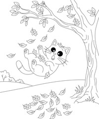 Fototapeta premium Cute Cartoon Cat Playing with Falling Autumn Leaves Coloring Page for Kids