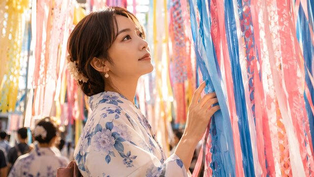 Japanese woman in yukata looking at paper streamers at Sendai Tanabata Festival