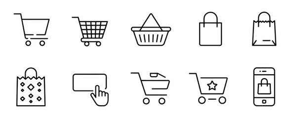 Shopping bag icon set, vector illustration featuring online purchase shopping cart and trolley symbols, outline style, e-commerce, retail, and digital shopping concept design elements. ©    