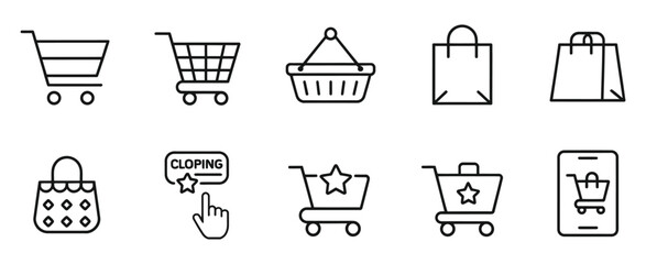 Shopping bag icon set, vector illustration featuring online purchase shopping cart and trolley symbols, outline style, e-commerce, retail, and digital shopping concept design elements. ©    