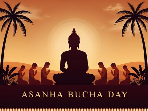 Asanha bucha day celebration with silhouette of buddha and monks praying under palm trees at sunset