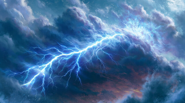 Electric blue lightning bolt striking through dark dramatic storm clouds with lightning