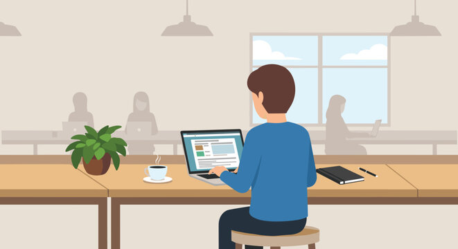 Flat illustration of person sitting at desk hesitating before decision, hand on chin, laptop open but idle, sticky notes blank on desk, remote worker, freelance, work from home, work from anywere,