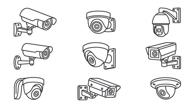 Isometric security camera line icons for surveillance systems.