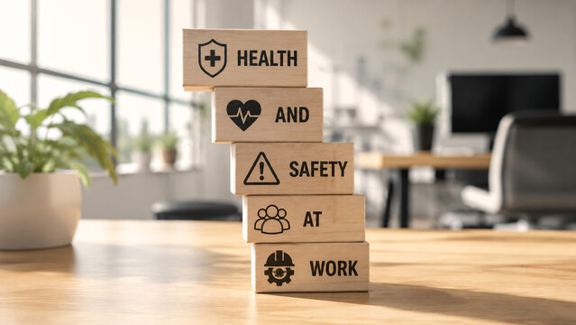 Wooden blocks stacked with text Health and Safety at Work and related protective icons on a sunny office desk background. Corporate workplace welfare, compliance, and employee protection concept.