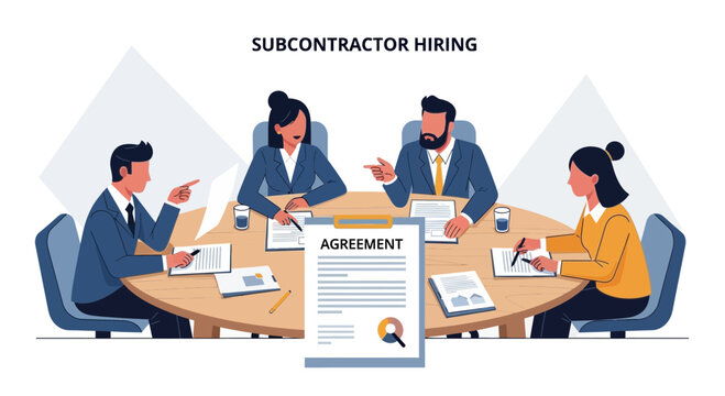 Business professionals signing subcontractor agreement contract.