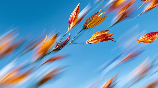Orange and red flower buds creating abstract dynamic streaks against a soft blue sky, symbolizing movement, energy, and blooming nature