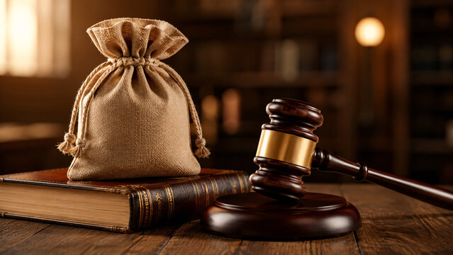 Wooden judge gavel next to a canvas money bag on a law book concept of corruption bribery legal fees court trial settlement auction and financial justice system