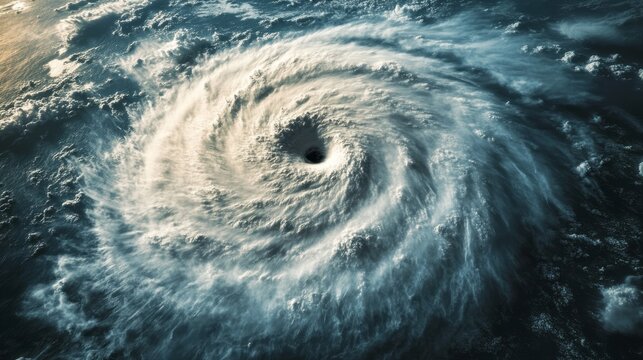 Powerful tropical cyclone seen from above forming giant spiral over ocean with clear storm eye dense cloud bands and dramatic weather system showing climate force hurricane danger and natural disaster