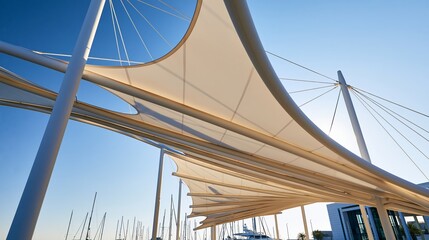 Naklejka premium Canopy structure with flowing fabric and slender columns creates shadows over a sunny marina, symbolizing modern design and outdoor comfort