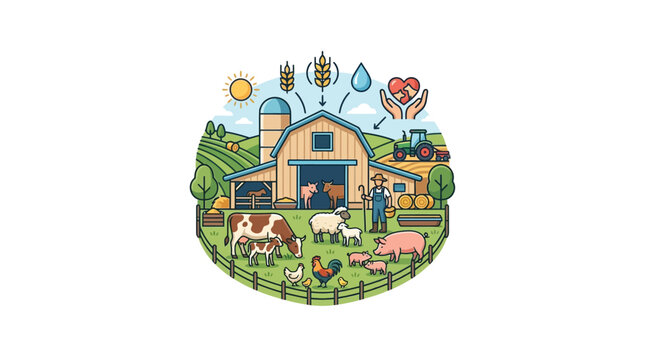 Farm animals standing in green field.