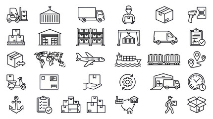 Fototapeta premium Logistics shipping and warehouse service icon set.