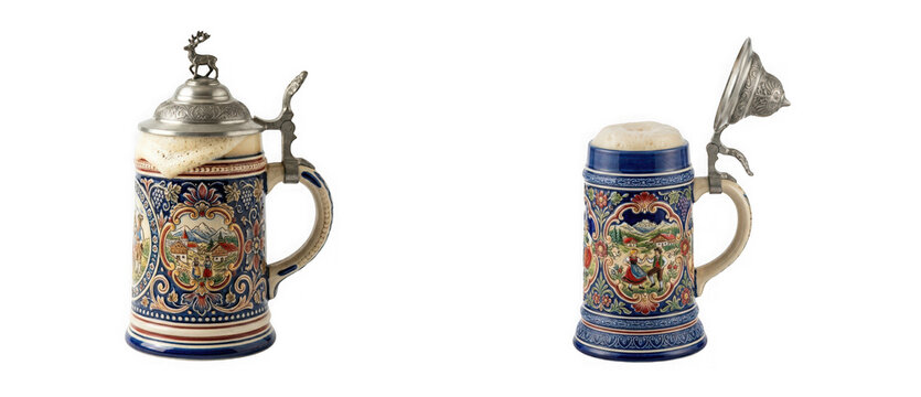 Two traditional german beer steins with ornate floral patterns and mountain landscape scenes isolated on transparent background