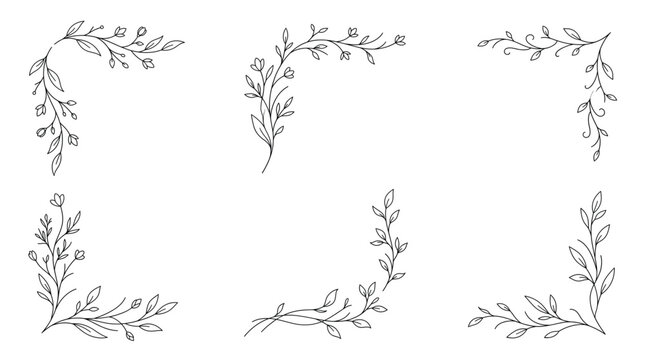 Set of hand drawn floral corner borders