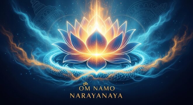 Glowing Lotus with Om Namo Narayanaya Divine Energy Spiritual Illustration