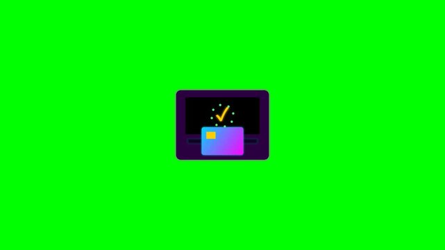 Credit card payment animation with terminal and checkmark on green screen